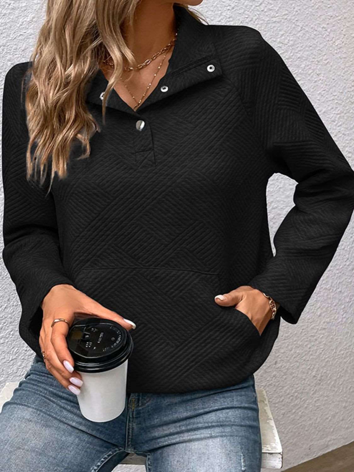 Top Raglan Sleeve Collared Sweatshirt with Pocket