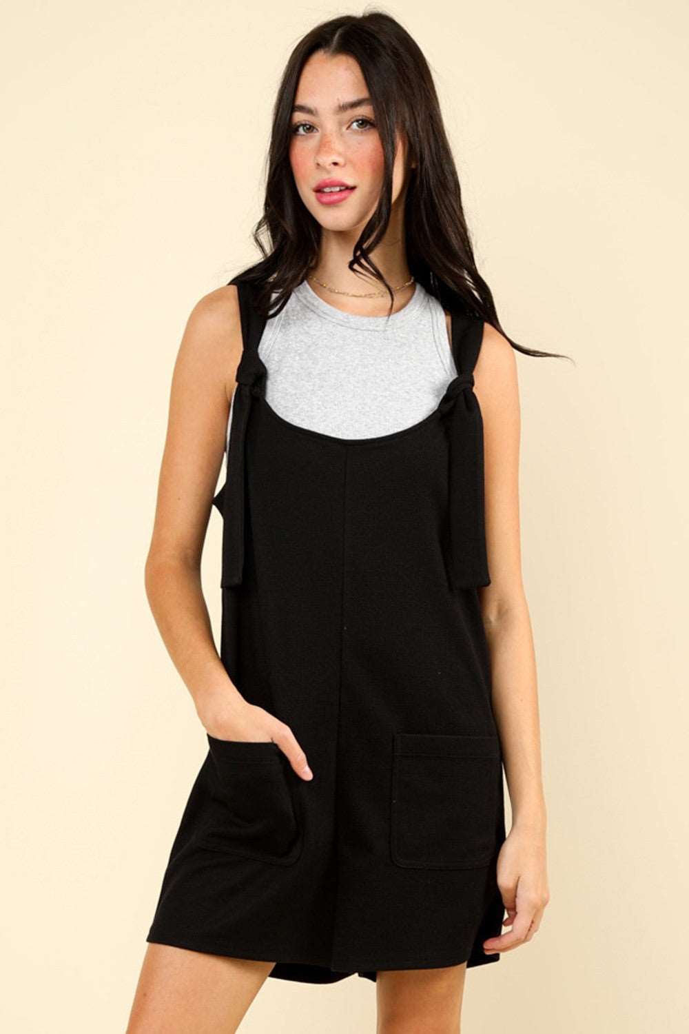 A Casual VERY J Tie Shoulder Front Pocket Romper