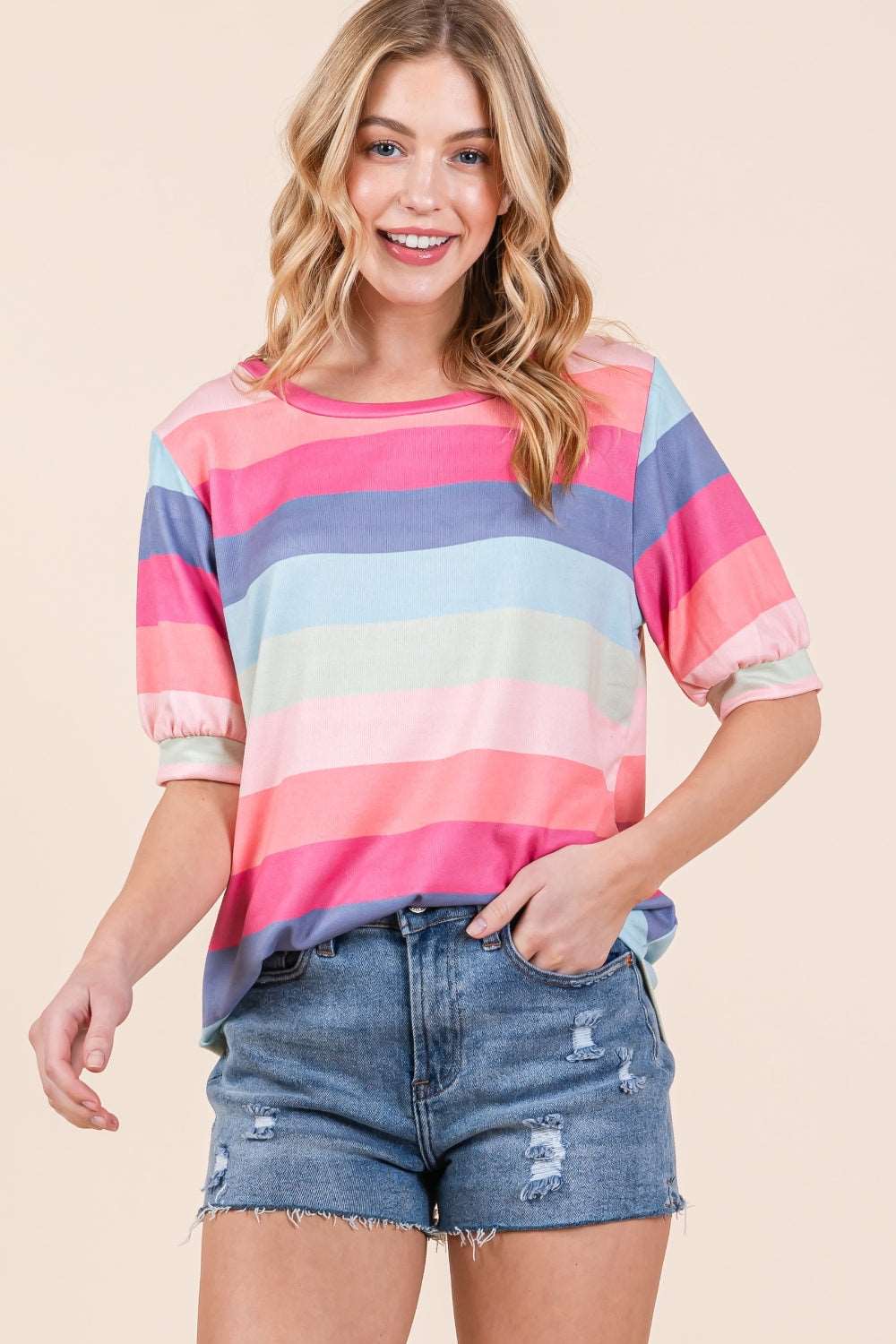 A BOMBOM Striped Half Sleeve T-Shirt