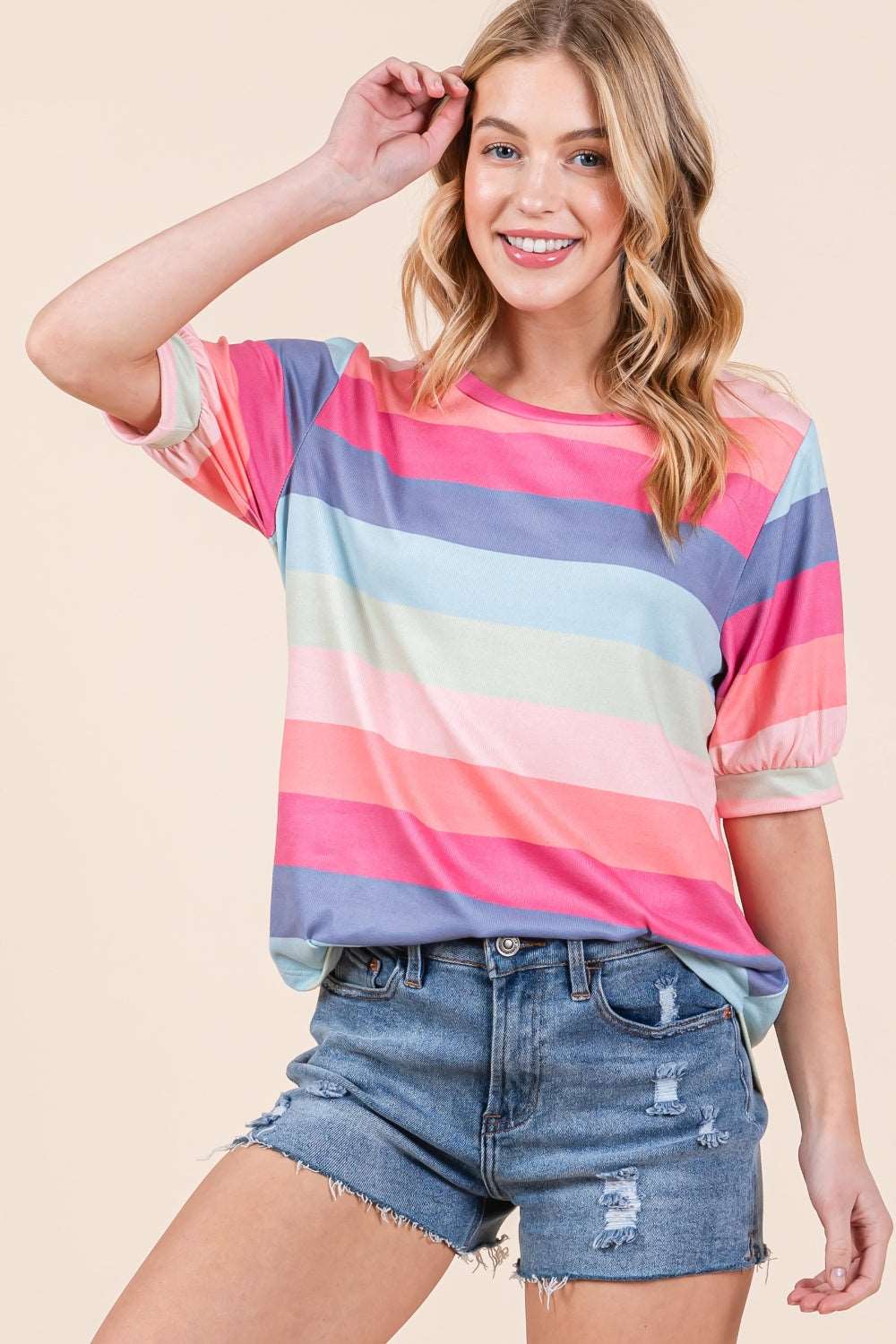 A BOMBOM Striped Half Sleeve T-Shirt