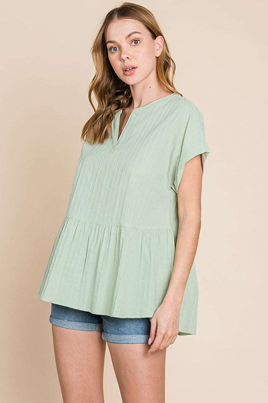 A Cotton Bleu Ruched Notched Short Sleeve Blouse