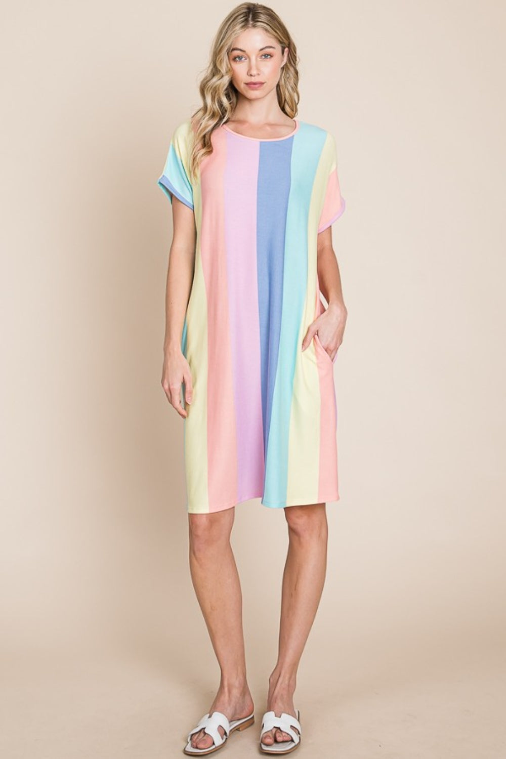 Dress Striped Short Sleeve Dress with Pockets