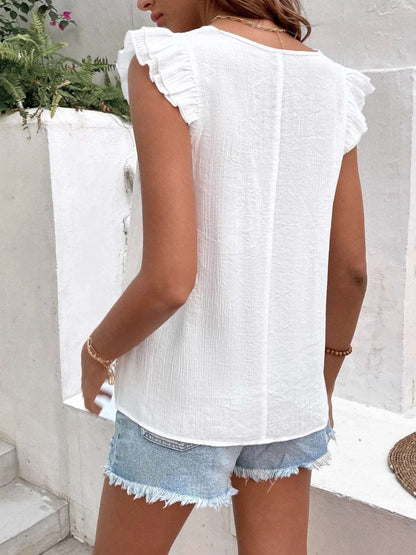 A Ruffled V-Neck Cap Sleeve Blouse