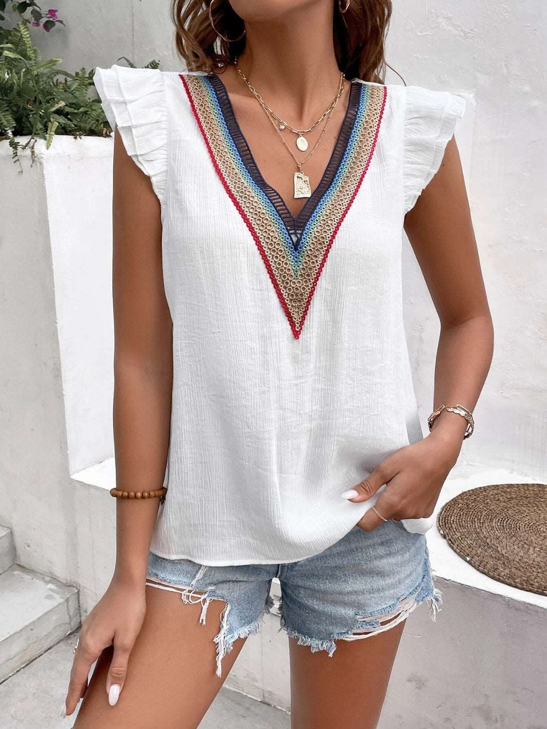 A Ruffled V-Neck Cap Sleeve Blouse