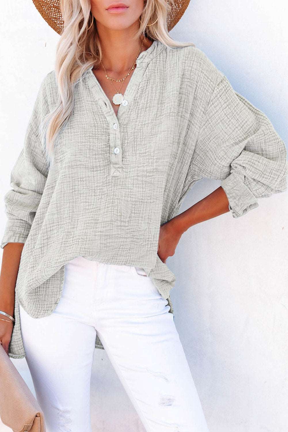 Top Buttoned Cotton Long Sleeve Blouse