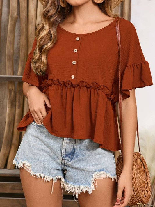 A Frill Button Round Neck Half Sleeve Blouse