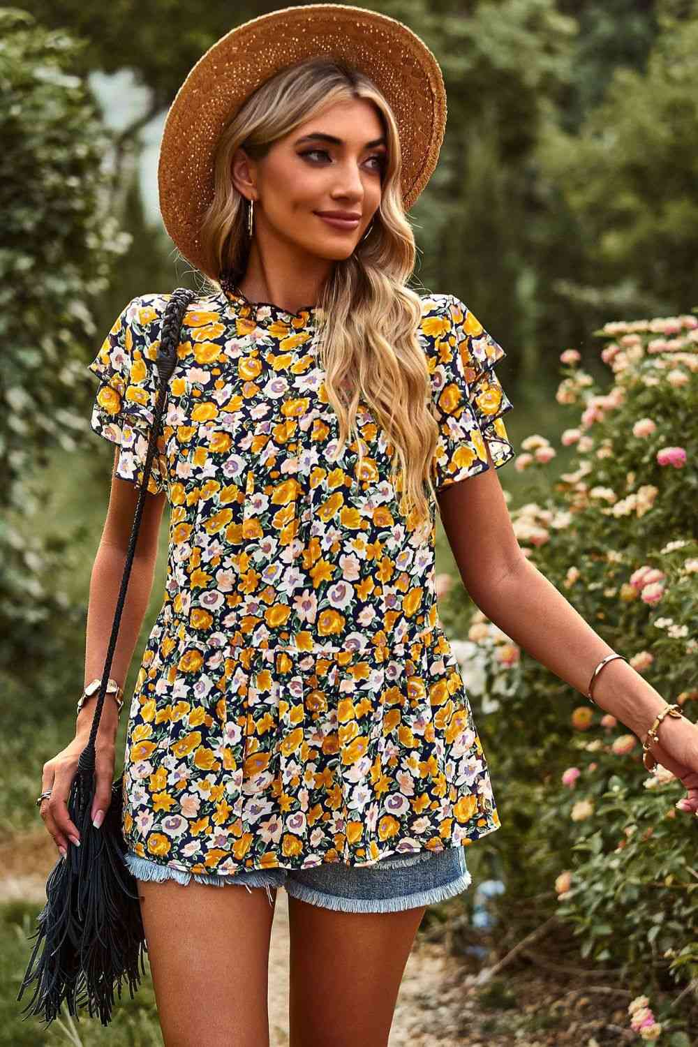 Top A Floral Flutter Sleeve Peplum Top Blouse