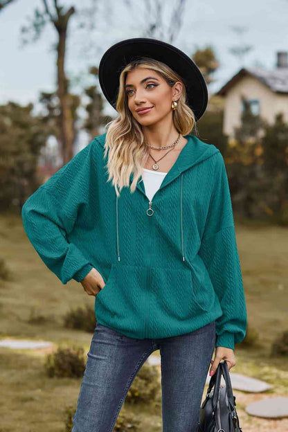 Top Cable-Knit Long Sleeve Hooded Jacket