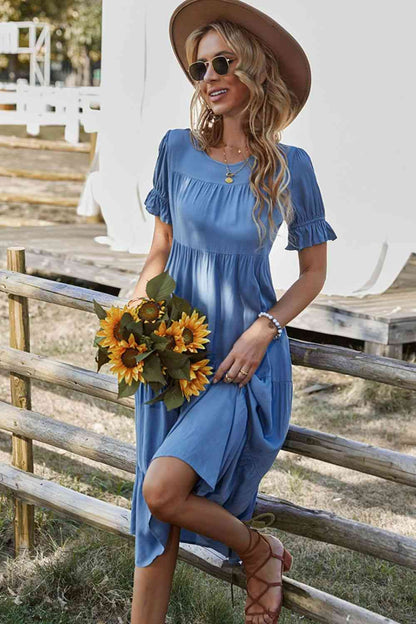 Dress Short Flounce Sleeve Tiered Midi Dress