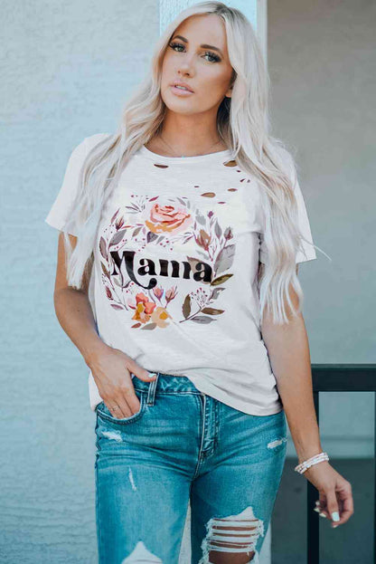 BM TEE MAMA Floral Graphic Distressed Tee