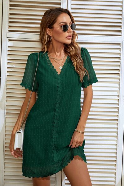 Dress Lace Detail V-Neck Short Sleeve Dress