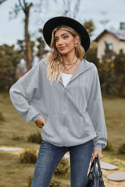 Top Cable-Knit Long Sleeve Hooded Jacket