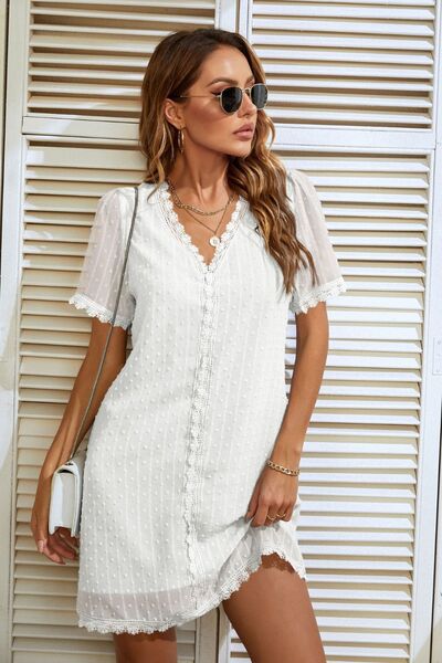 Dress Lace Detail V-Neck Short Sleeve Dress