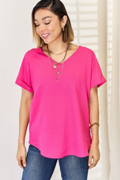 Top A V-Neck Rolled Short Sleeve T-Shirt