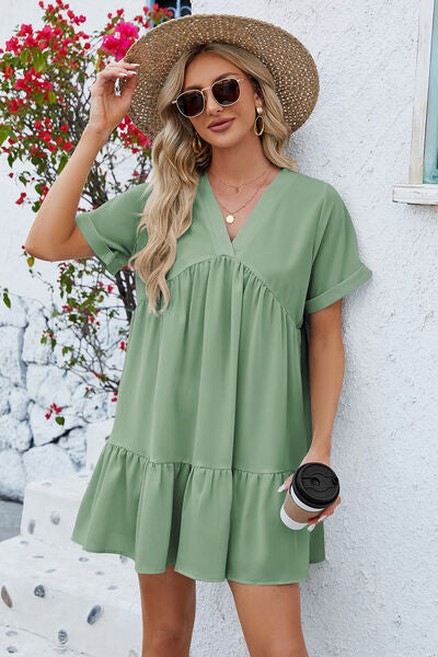 A Ruffle Tiered V-Neck Mini Dress