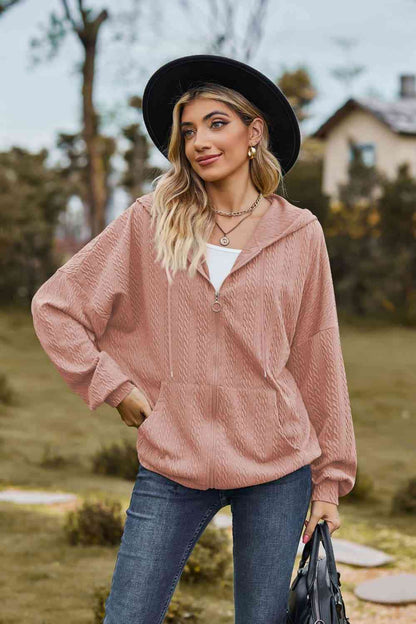 Top Cable-Knit Long Sleeve Hooded Jacket