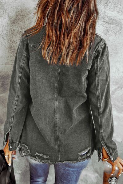 Top Distressed Raw Hem Snap Down Denim Jacket