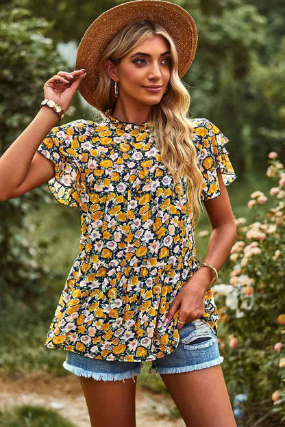 Top A Floral Flutter Sleeve Peplum Top Blouse