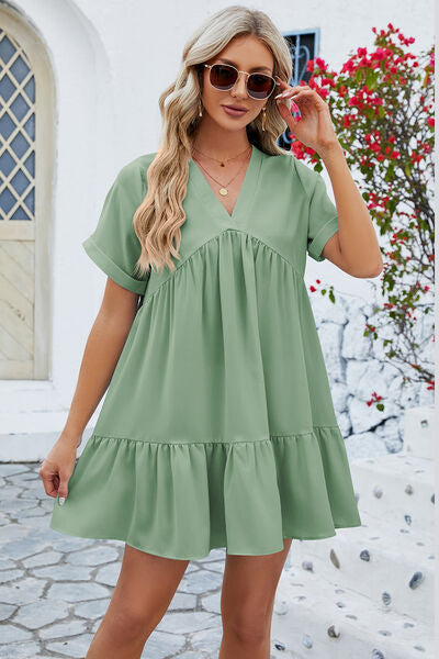 A Ruffle Tiered V-Neck Mini Dress